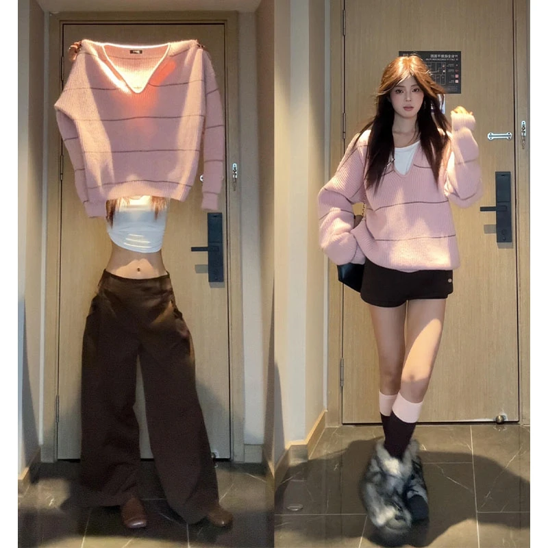 2025秋季新款韩系穿搭V领长袖条纹毛衣上衣气质高腰显瘦百搭裤子