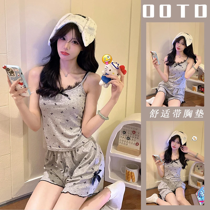 带胸垫花边吊带睡衣女夏季新款甜美韩版宽松舒适可外穿家居服套装