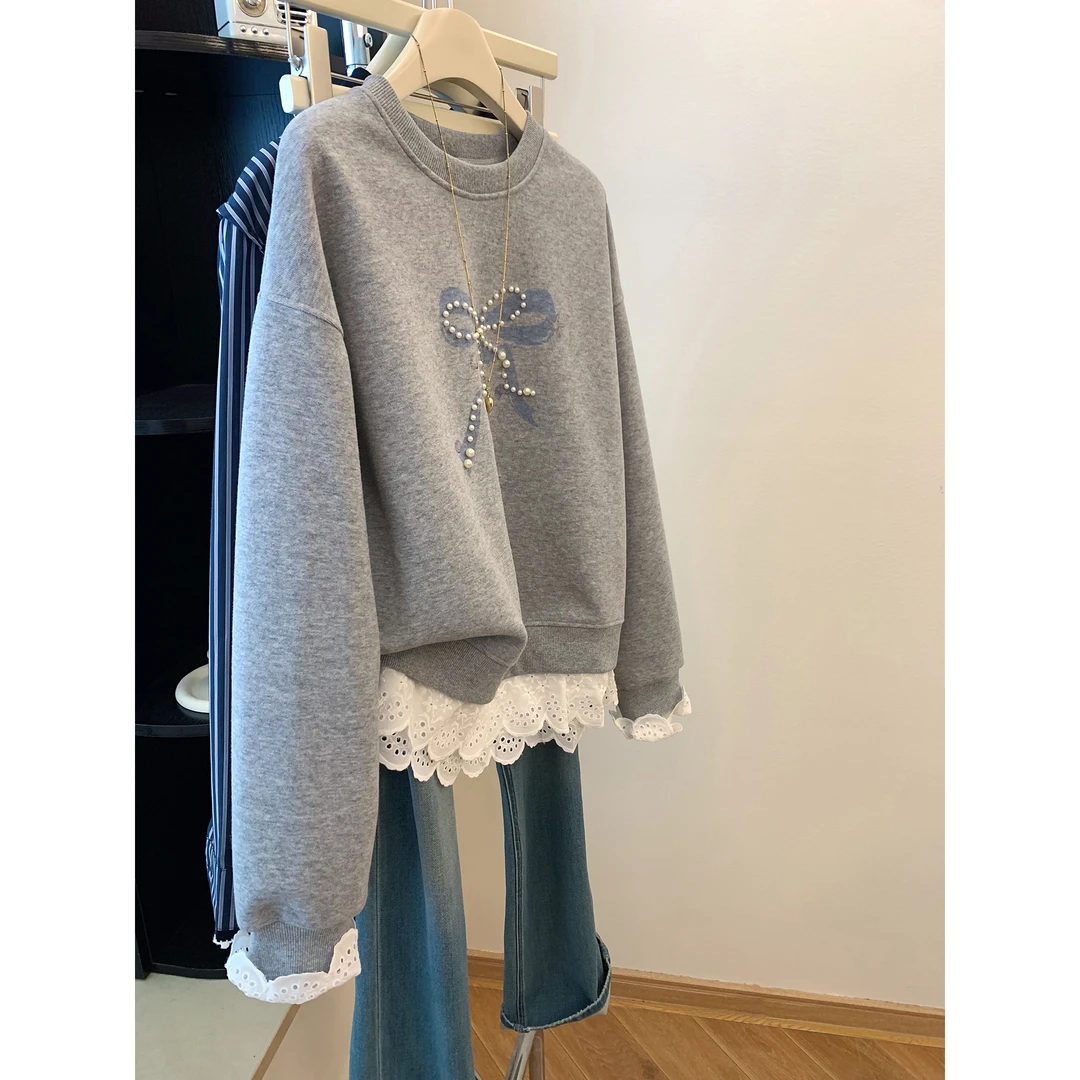 胖mm240斤大码拼接蕾丝花边加绒加厚长袖卫衣女秋冬宽松减龄上衣