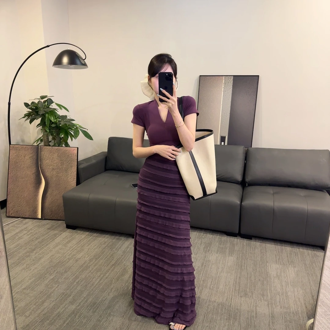 【OS&oneshow】夏季纯欲风气质V领短袖T恤高腰木耳边半身裙御姐套装