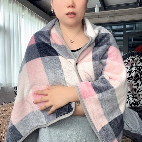 羊驼毛法兰绒粉色格子披肩80×130