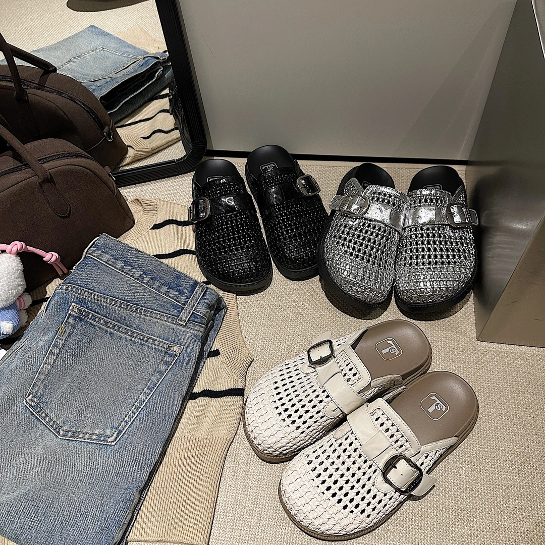 TS单鞋女2025春季新款时尚复古百搭圆头纯色懒人拖鞋