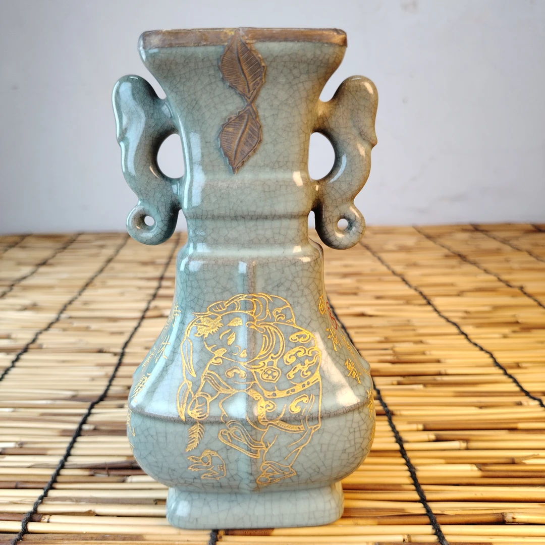 汝窑描金包铜口老工艺古玩收藏