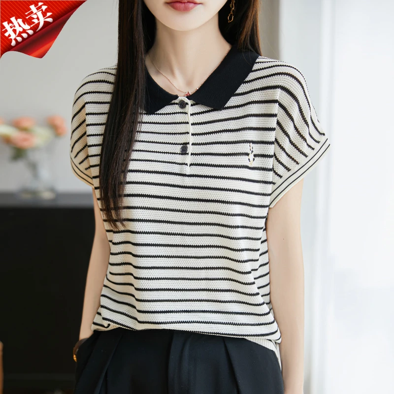 2025新款Polo领条纹刺绣兔子针织衫短袖减龄T恤休闲上衣夏