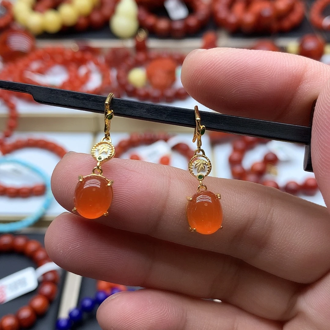 银S925镀金镶嵌耳饰南红玛瑙