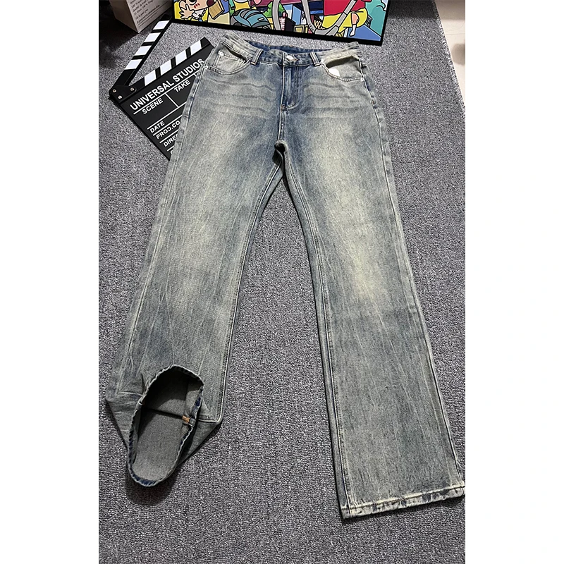 闪电竹节纹直筒牛仔裤男款夏季美式vibe显腿长裤子高街潮流微喇裤