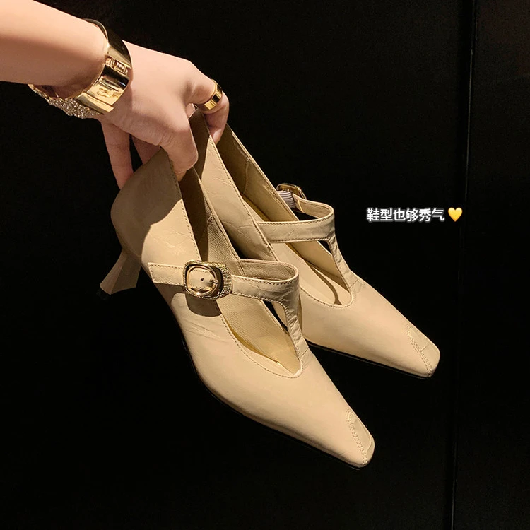 高级感～牛皮6cm法式气质尖头浅口玛丽珍气质百搭单鞋春秋时尚细跟