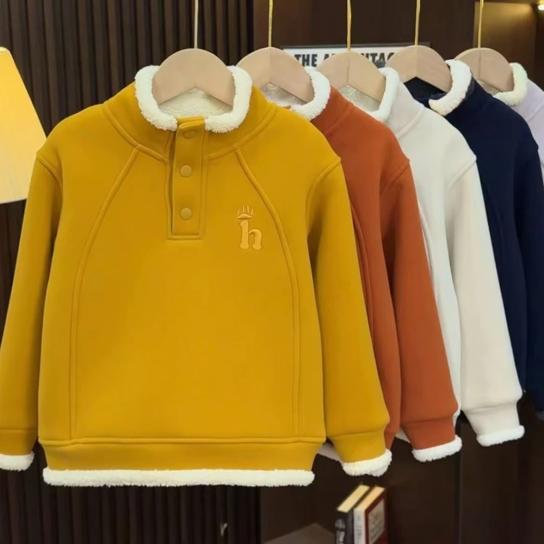 儿童冬卫衣加绒款长袖2025新款秋冬男童冬季加绒加厚三粒扣立领