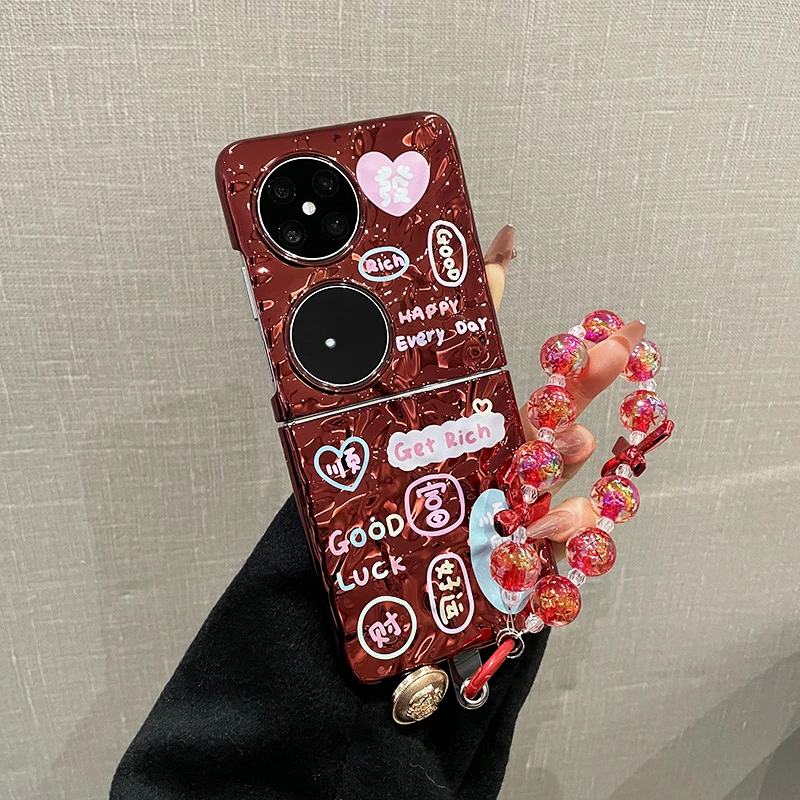 适用华为Pocket2手机壳新年红顺风顺水文字电镀褶皱pocket2保护壳