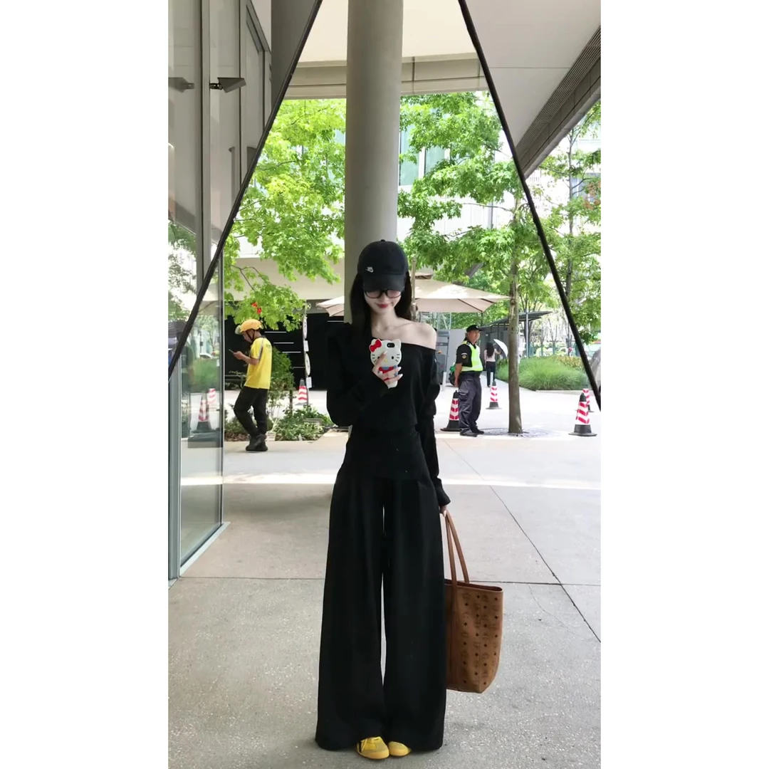 秋季新款千金清冷感贵系衣服少女上衣时尚气质套装长裤黑色长袖
