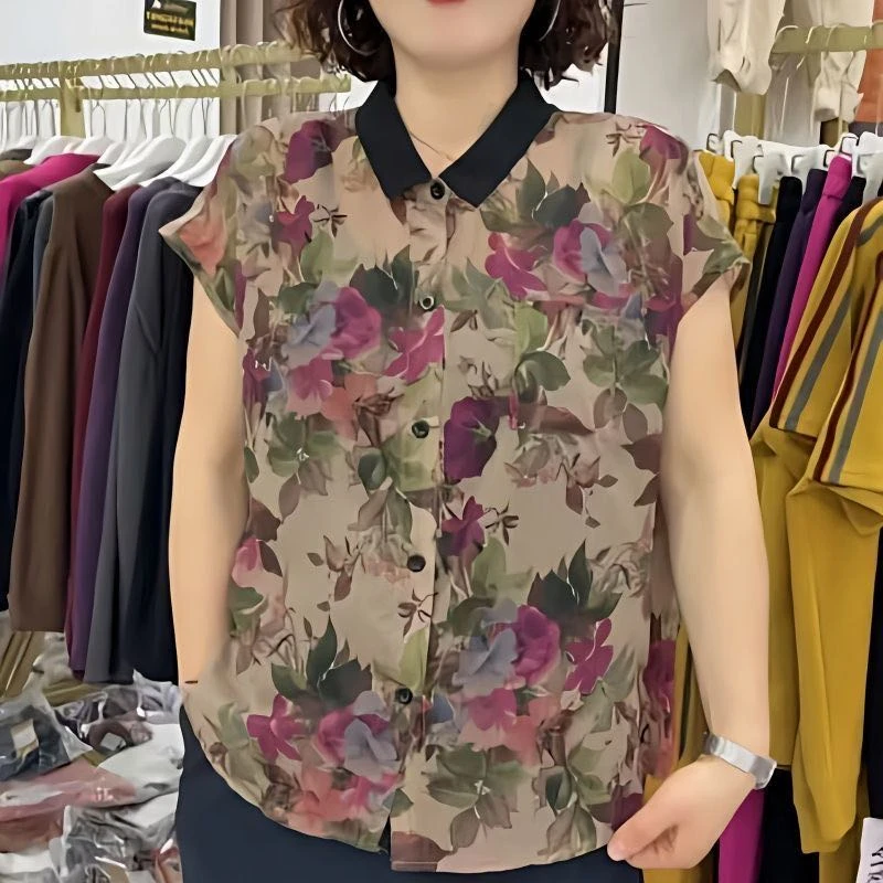 夏季新款小衫洋气减龄气质印花时尚大码妈妈宽松短袖衬衫显瘦上衣