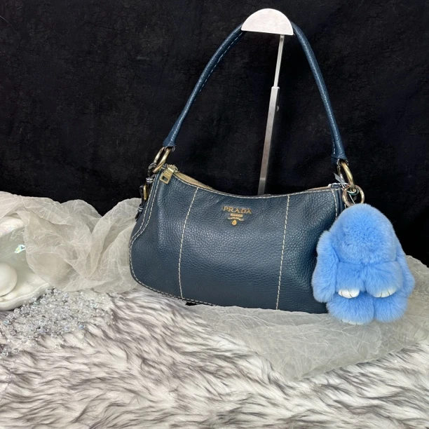 95新 Prada/普拉达 深蓝色外缝线 Hobo单肩腋下包