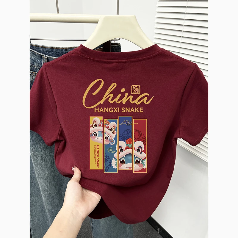 国潮酒红色圆领短袖T恤女2025春夏季新款百搭休闲显瘦正肩上衣服