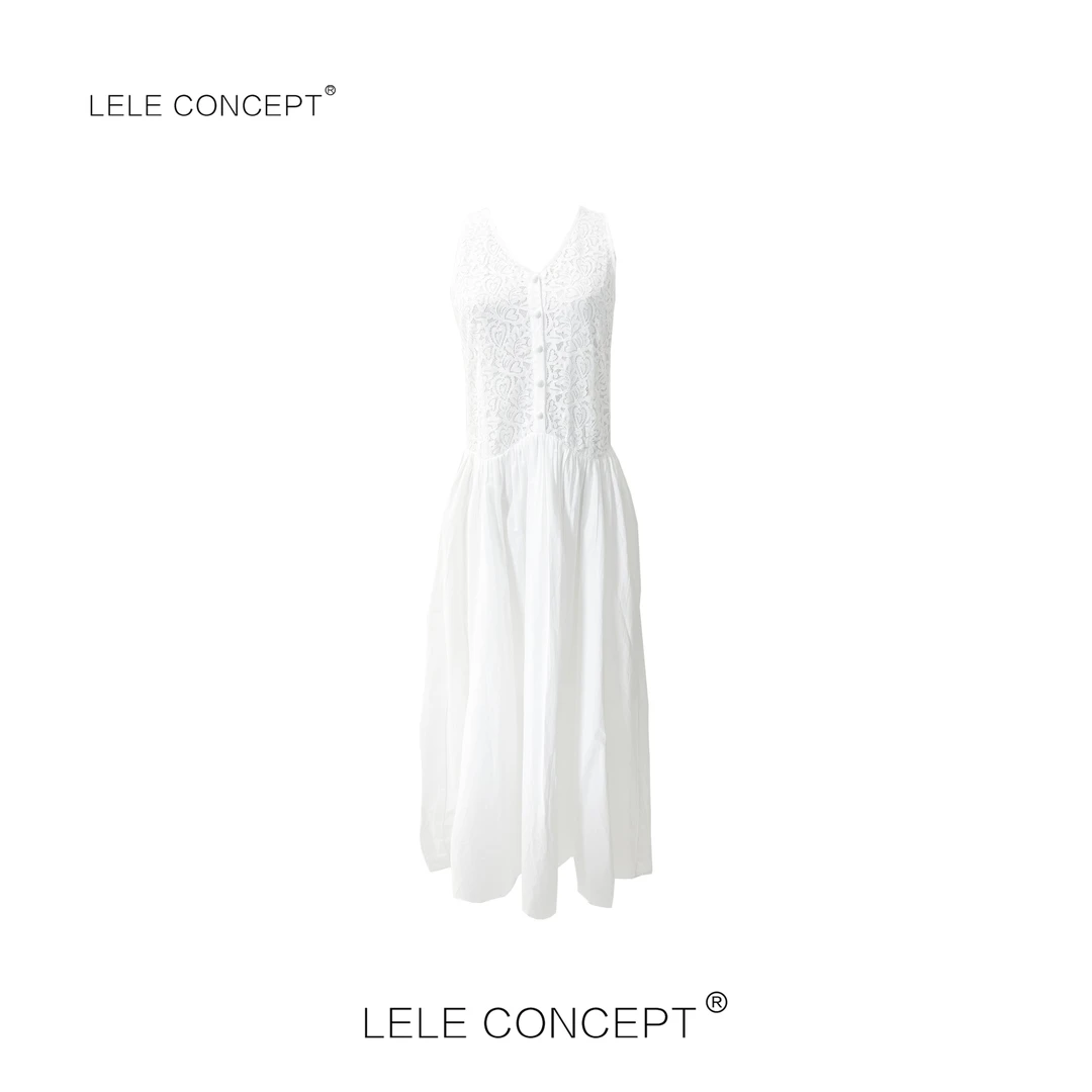 百搭无袖白色仙气扣花连衣裙Q0535