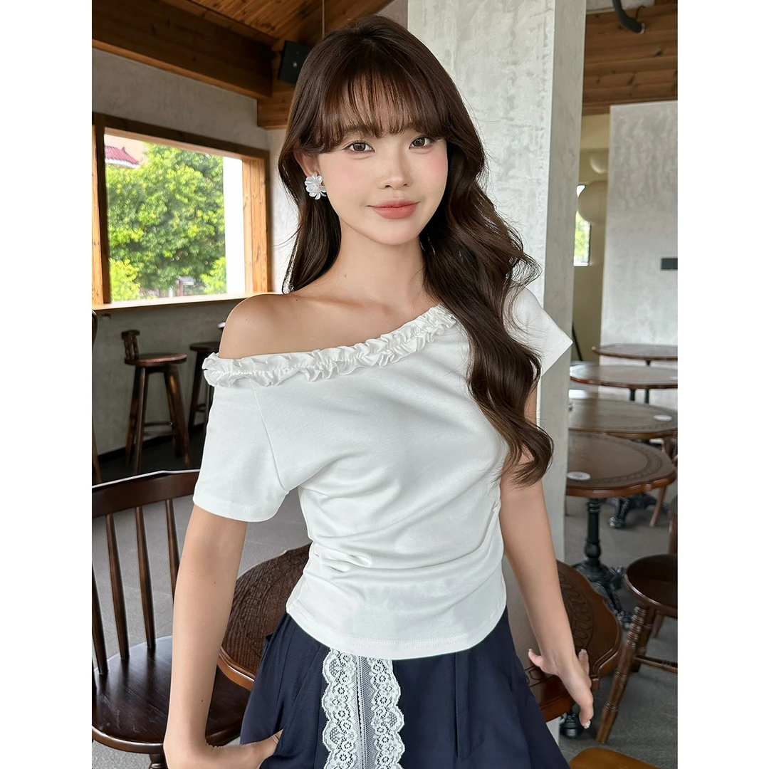 【尔给】夏季三穿修身显瘦T恤女气质洋气时尚百搭设计感花边上衣