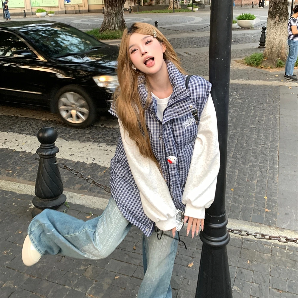 超好看 胖mm大码复古格子棉服马甲女秋冬学生叠穿时尚背心外套602