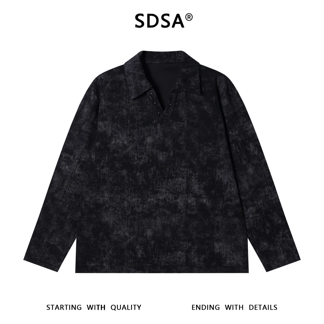 SDSA男士秋冬新款痞帅男装潮牌扎染磨破铆钉小V翻领卫衣宽松上衣