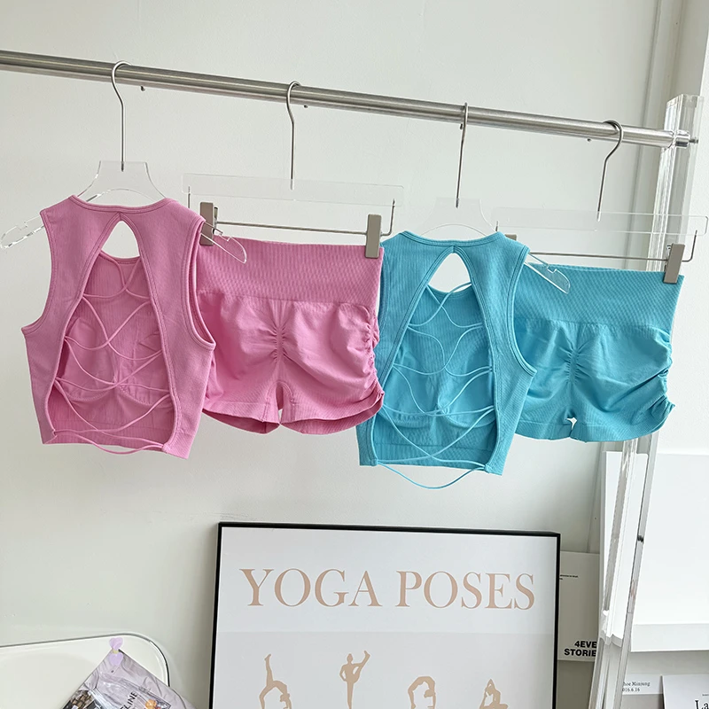 套装交叉绑带美背瑜伽背心固定罩杯防震运动内衣跑步健身服套装