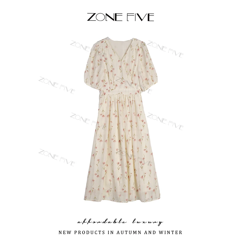 zonefive法式碎花夏季泡泡袖飘逸连衣裙显瘦气质9027