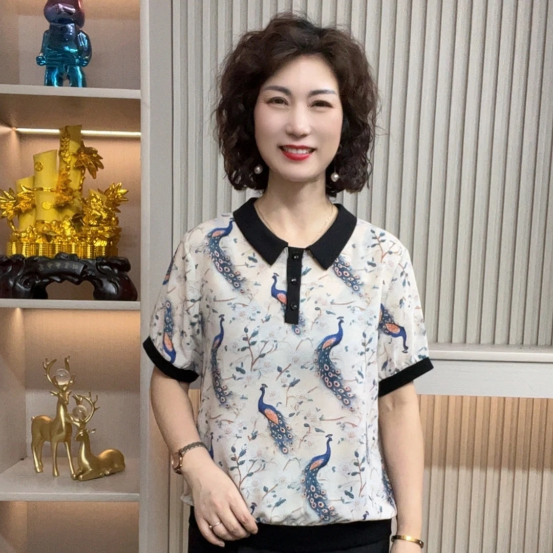 妈妈装流行欧若拉时尚潮牌女装宽松夏装女士独特漂亮小衫休闲短袖