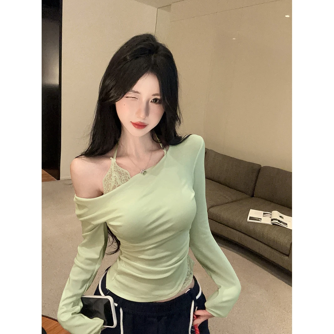 秋季新款韩系气质时尚减龄纯欲风辣妹性感露肩长袖修身T恤上衣女