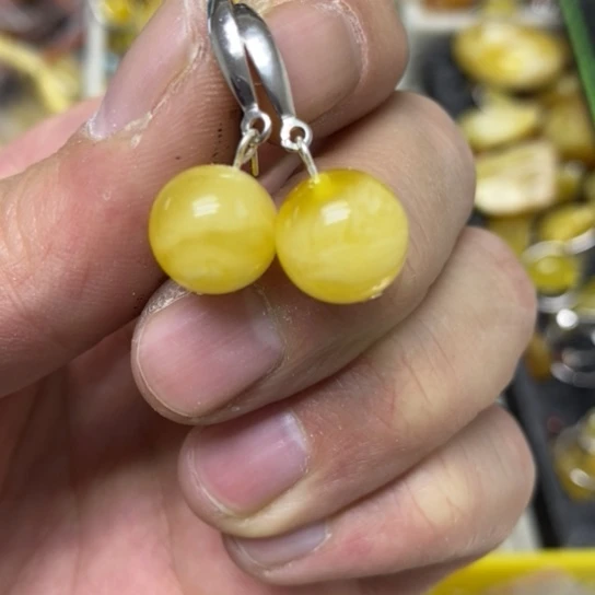 蜜蜡裸石银S925镶嵌耳坠