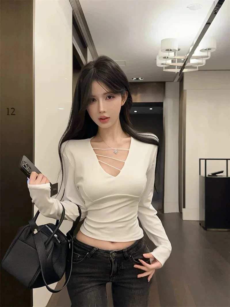 【肉总】性感低v领锁骨正肩交叉上衣