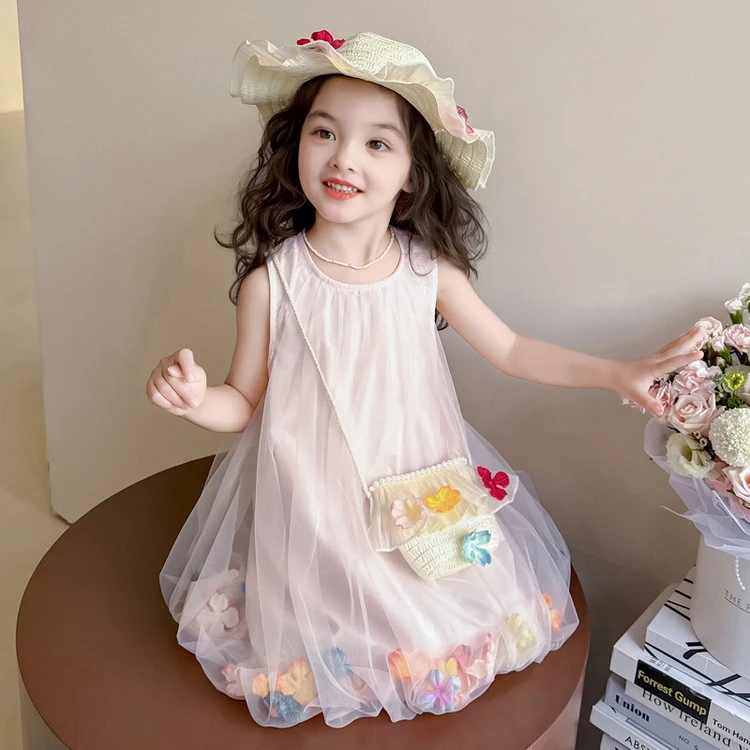 女童连衣裙夏季网纱儿童生日公主裙花苞裙甜美无袖小女孩休闲裙子