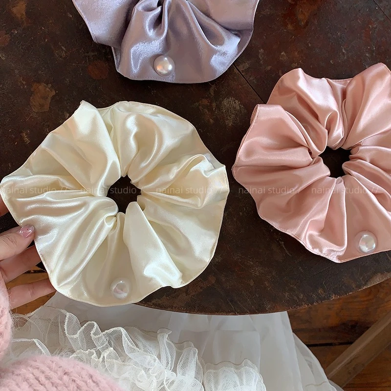 缎面超大号珍珠亮面大肠发圈粉色新款丸子头发绳头绳