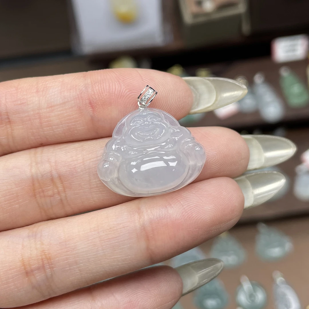 于于珠宝-天然A货缅甸翡翠冰胶厚装小佛公吊坠18.9×23.5×7.9mm