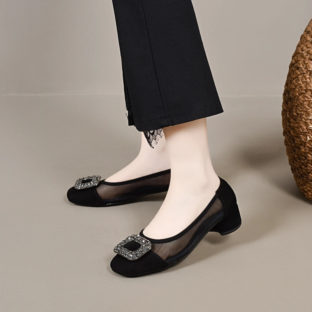 爆款真皮粗跟网靴女鞋新款磨砂春秋夏百搭凉鞋网面透气网鞋小凉靴