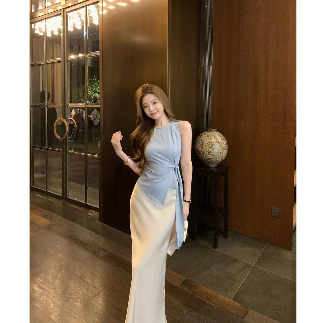 SZA【观境月白】夏季新款高级感时尚不规则绑带无袖背心上衣A-2054