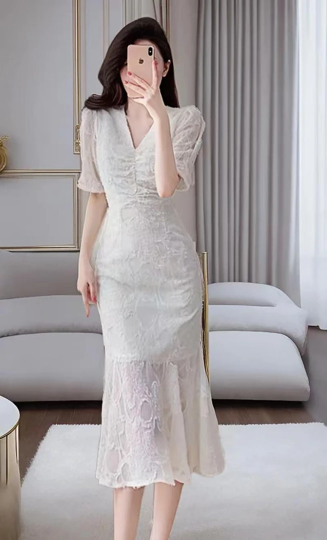 连衣裙包臀裙长裙收腰气质鱼尾裙裙子修身V领夏季