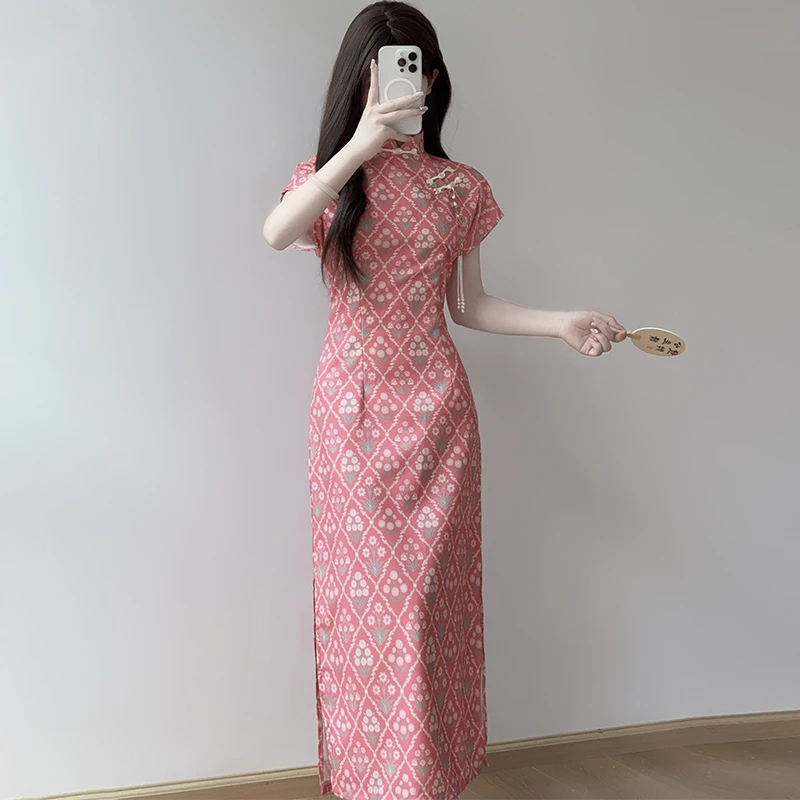 花间月新中式粉红印花改良旗袍少女春夏盘扣显瘦碎花连衣裙9631