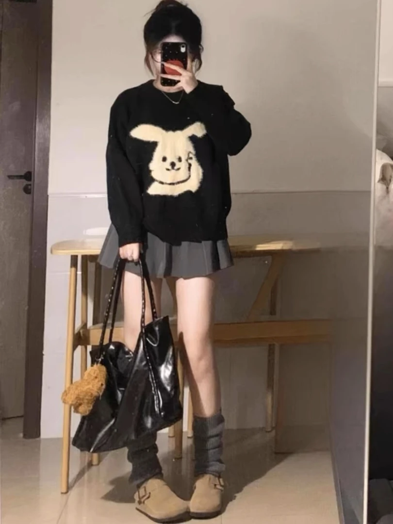 韩系慵懒感穿搭黑色毛衣女秋冬软糯提花小个子宽松慵懒针织衫上衣