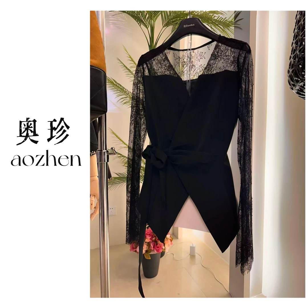 AO ZHEN入秋穿搭气场强大御姐秋季新款蕾丝拼接西装上衣
