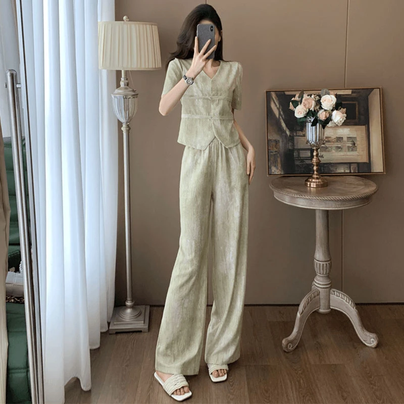 时尚气质套装女2025年夏季新款洋气减龄短袖衬衫高腰阔腿裤两件套