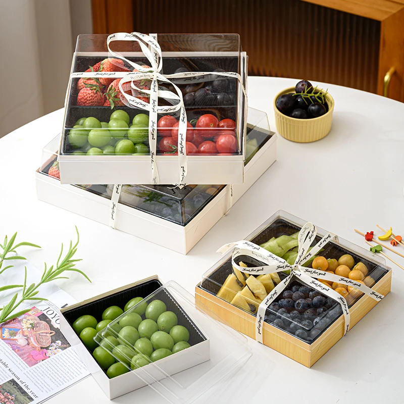 四拼水果盒子鲜果果切包装盒四宫格水果拼盘一次性纸塑打包盒带盖