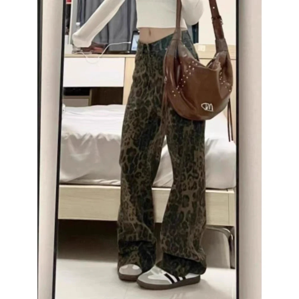 头头女装 美式高街百搭豹纹高腰阔腿牛仔裤女春夏款＃0061