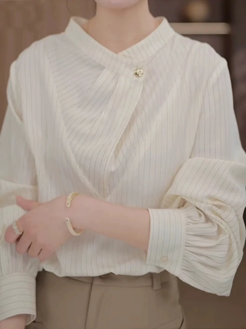 韩系条纹长袖衬衫女装2025春秋新款时尚气质立领衬衣法式轻奢上衣