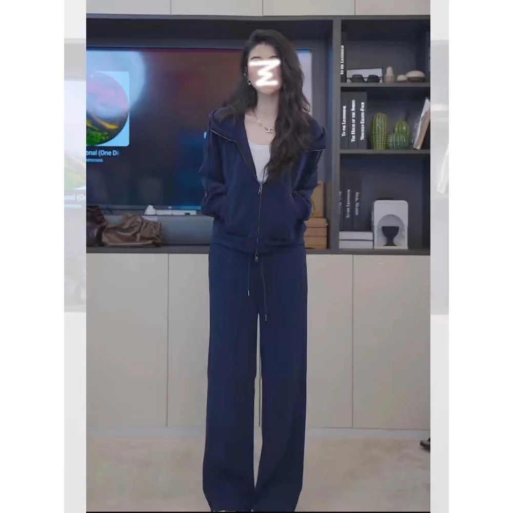 墙裂推荐！藏蓝色卫衣运动套装阔腿裤小个子显高时尚休闲两件套女