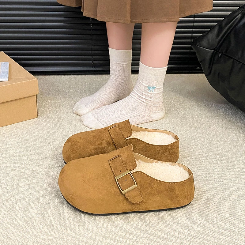 厚底内增高勃肯鞋女2025秋冬新款一脚蹬包头半拖鞋外穿加绒棉拖鞋