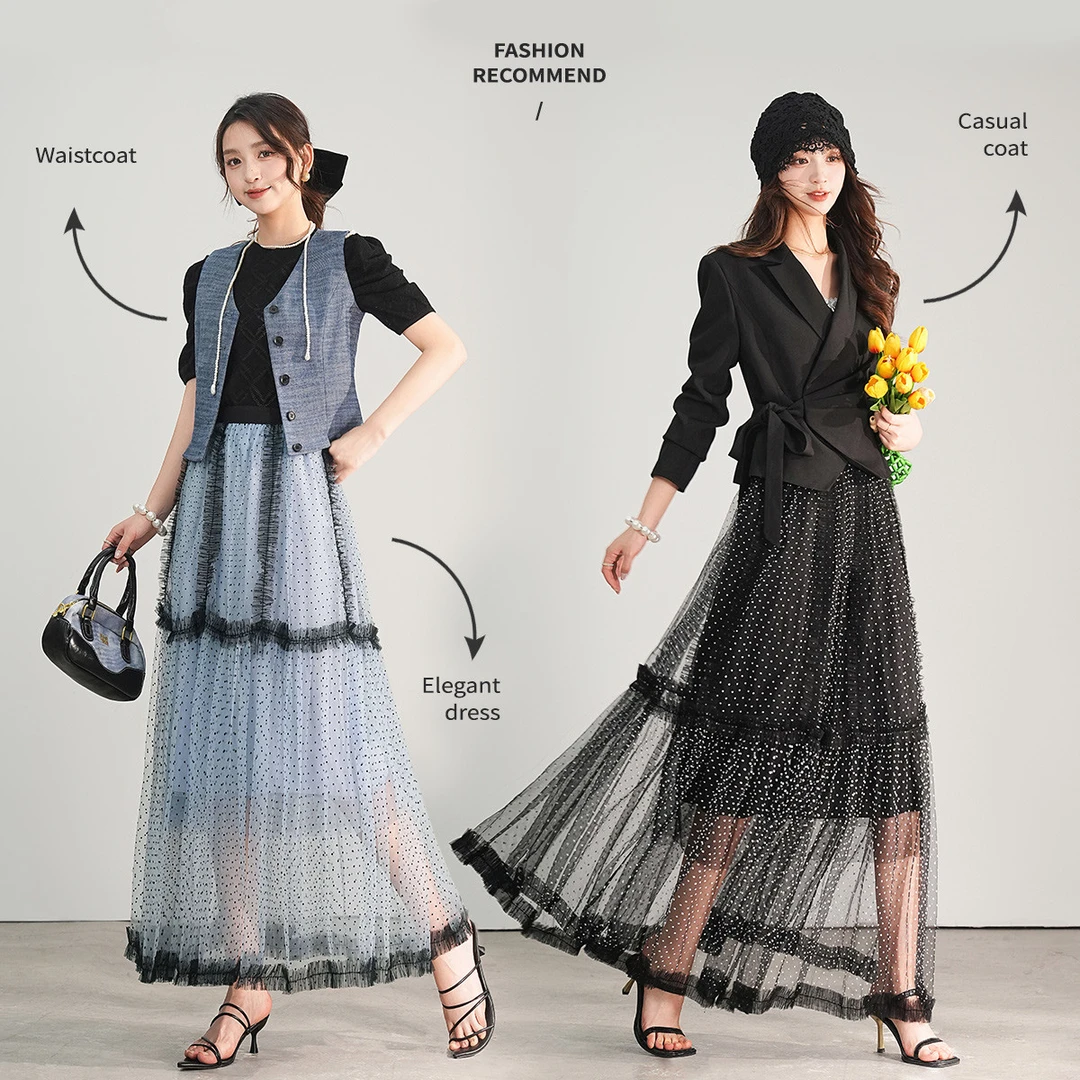 【商场同款新品】白鹿语夏气质网纱高腰长款花边波点半身裙YU20270