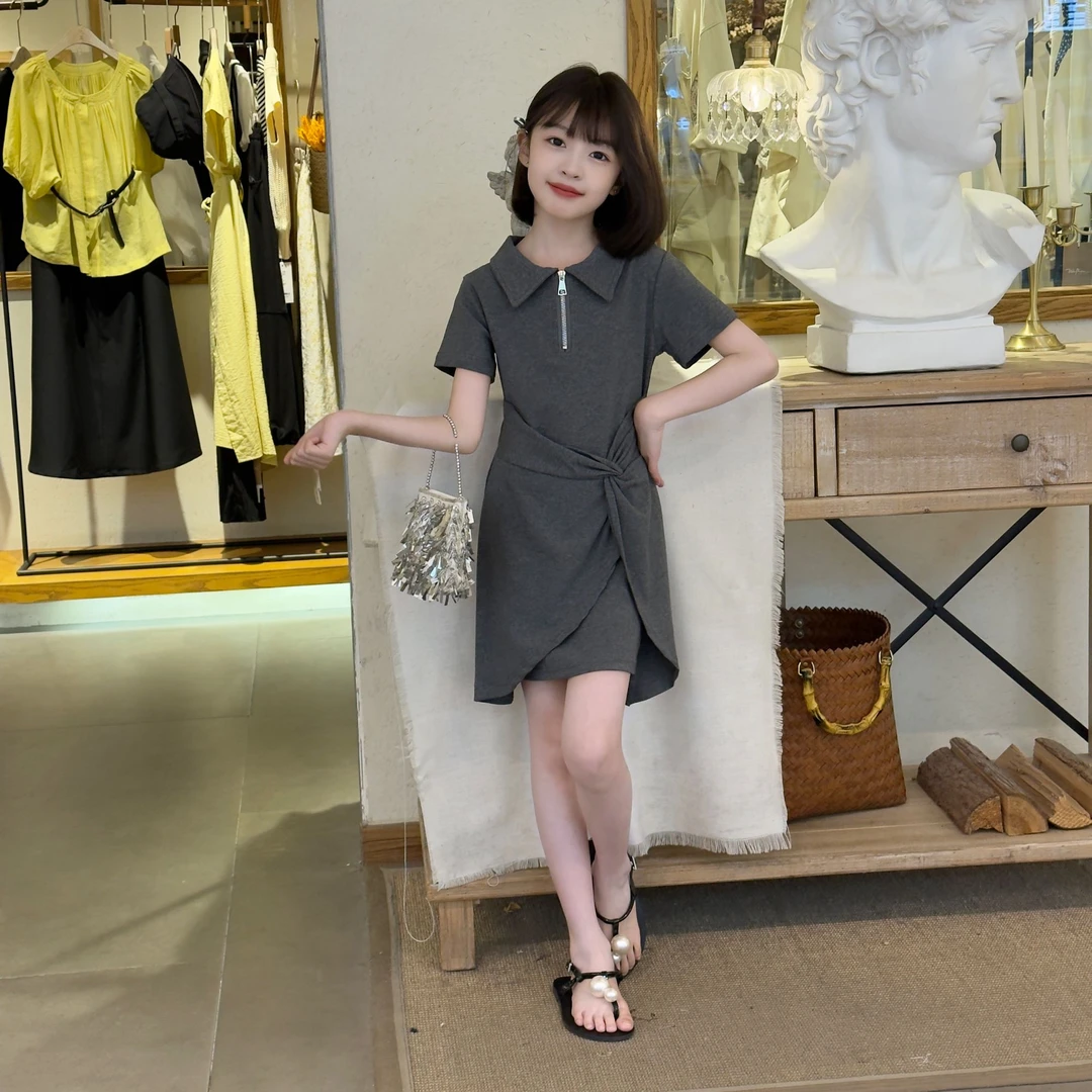 灰色气质翻领扭结包臀连衣裙2025新款时髦中大童不规则翻领连衣裙