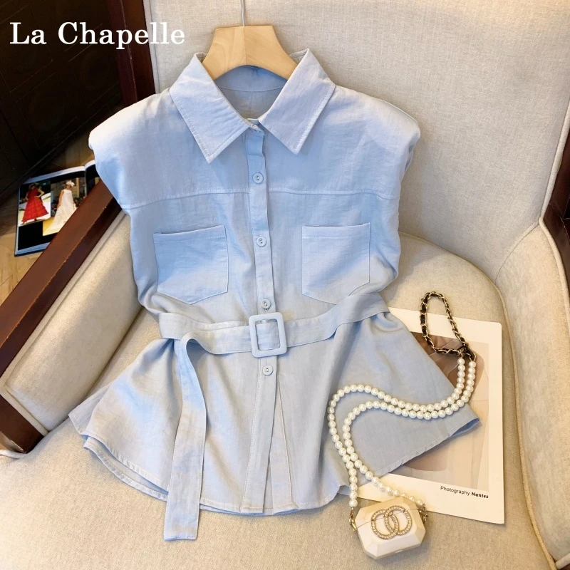 拉夏贝尔夏季薄款无袖衬衣新韩版气质配腰带无袖衬衣简约百搭小衫