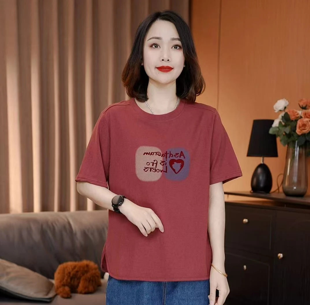 印花纯色圆领休闲短袖洋气T恤百搭大码时尚宽松显瘦