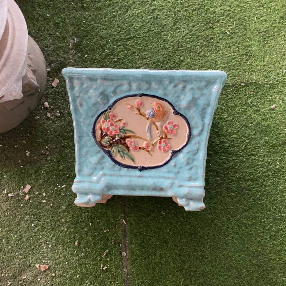 红陶习***人豆青方盆