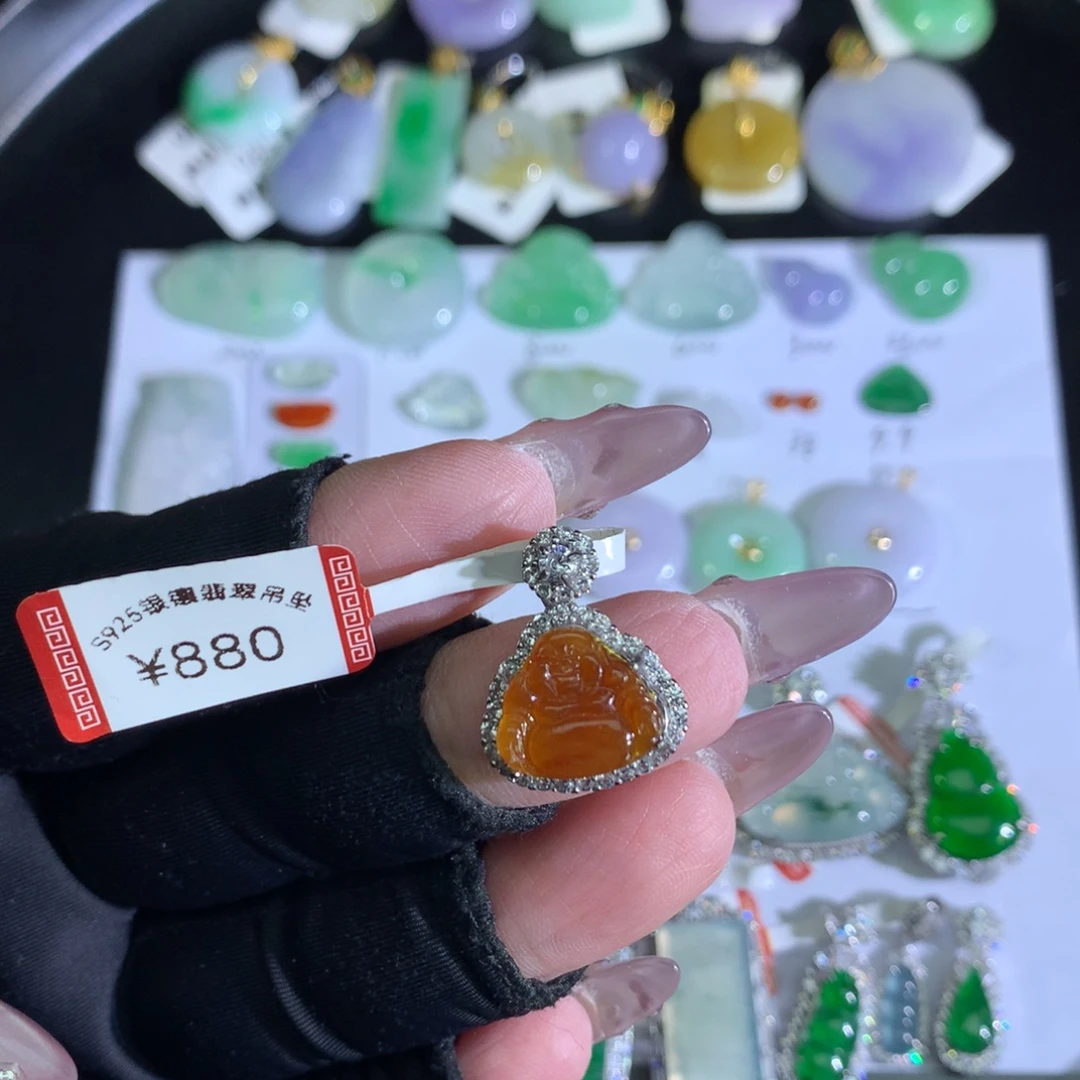 翡翠裸石银S925镶嵌冰黄佛