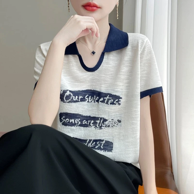 POLO领字母印花凉感短袖女冰丝竹节麻翻领宽松半袖夏薄剪刀领T恤