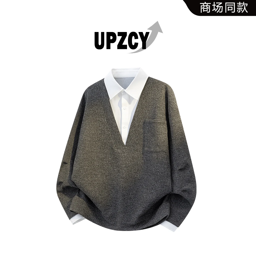 UPZCY美式假两件卫衣男春秋衬衫领潮流痞帅高级感男装设计感上衣